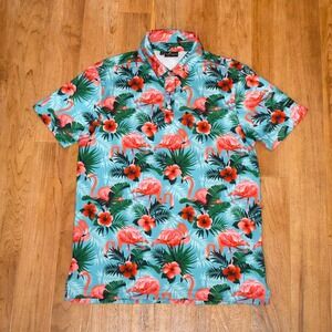 Yatta Golf Polo Shirt Mens Small Turquoise Flamingo Floral Excellent Performance